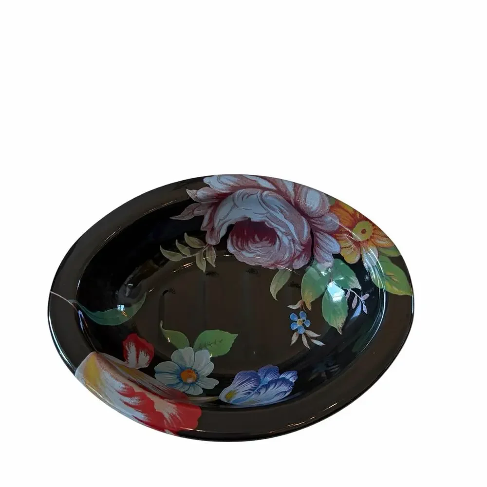 MacKenzie-Childs Black Flower Market Enamel Soap Dish NEW